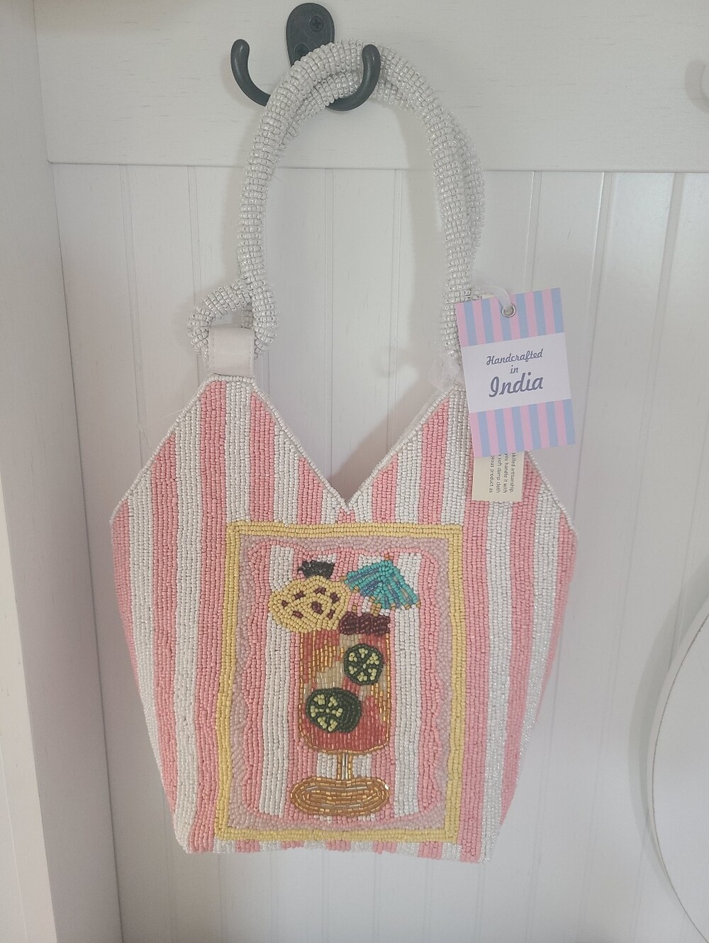 TikTok Viral Handcrafted in India Pink & White Tropical Drink Beaded Bag
